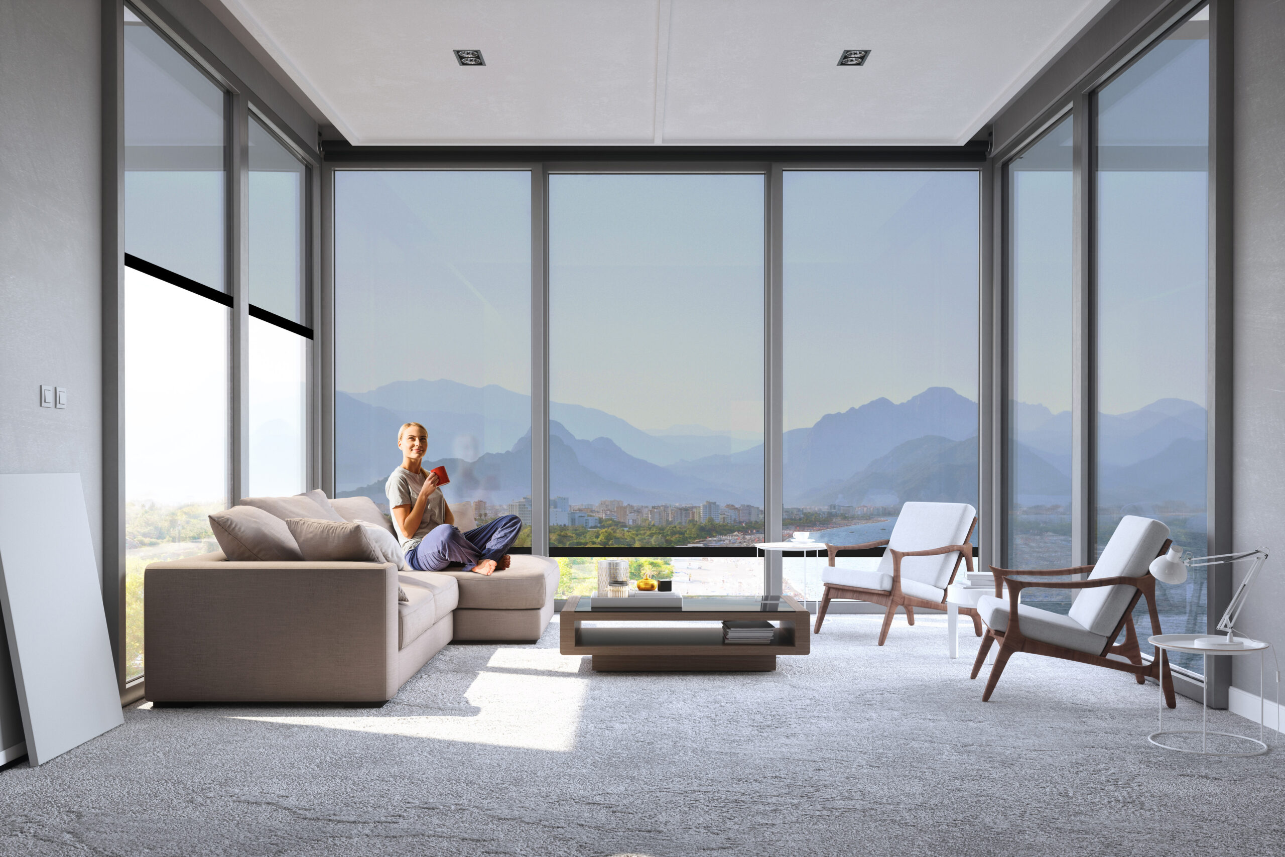 modern minimalist living room with panoramic ocean view